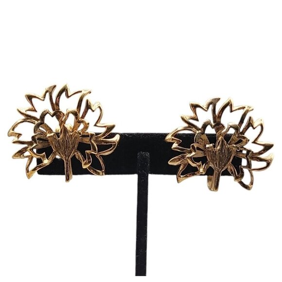 Napier Sterling Clip On Earrings 1940s Gold Wash 925 Silver Large Leaves 925 - Picture 1 of 13